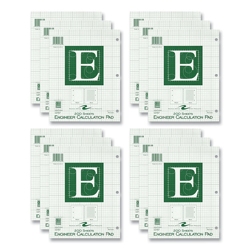 Roaring Spring Engineer Pad, (0.5" Margins), Quad Rule (5 sq/in, 1 sq/in), 200 Light Green 8.5 x 11 Sheets/Pad, 12/Carton (ROA95389CS)