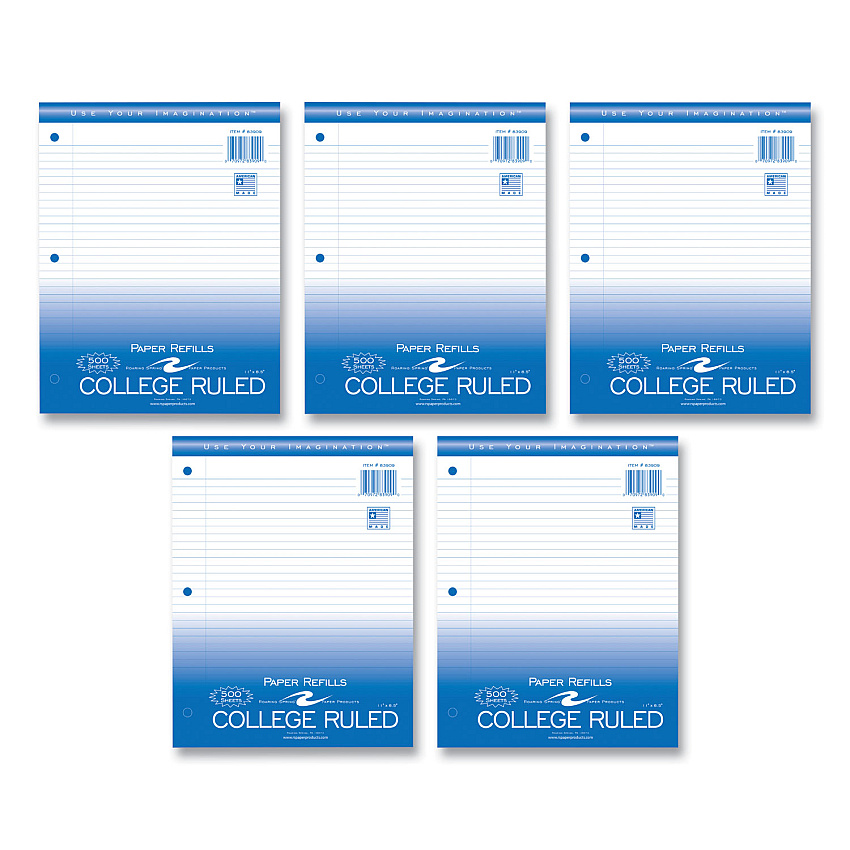 Roaring Spring Loose Leaf Paper, 8.5 x 11, 3-Hole Punched, College Rule, White, 500 Sheets/Pack, 5 Packs/Carton (ROA83909CS)