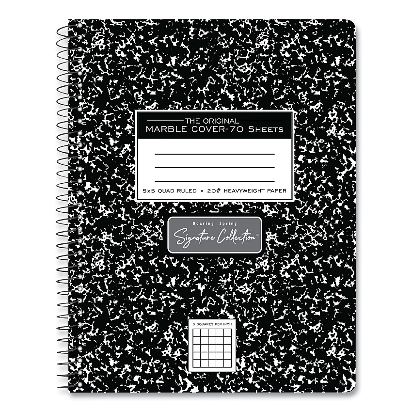 Roaring Spring Spring Signature Composition Book, Quad 5 sq/in Rule, Black Marble Cover, (70) 9.75 x 7.5 Sheets, 24/Carton (ROA10113CS)