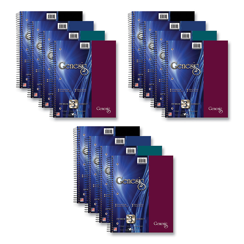 Roaring Spring Genesis Notebook, 3-Subject, Medium/College Rule, Randomly Assorted Cover Color, (150) 11 x 9 Sheets, 12/Carton (ROA13114CS)