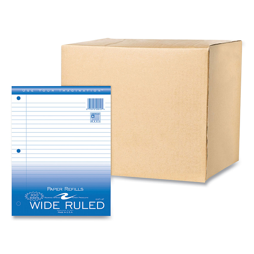 Roaring Spring Loose Leaf Paper, 8 x 10.5, 3-Hole Punched, Wide Rule, White, 100 Sheets/Pack, 48 Packs/Carton (ROA20010CS)