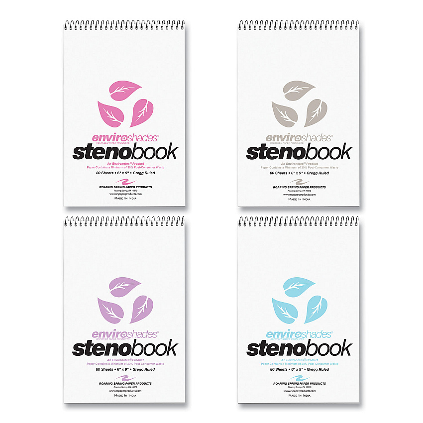 Roaring Spring EnviroShades Steno Pad, Gregg Rule, White Cover, 80 Assorted Color 6 x 9 Sheets, 24 Pads/Carton (ROA12354CS)
