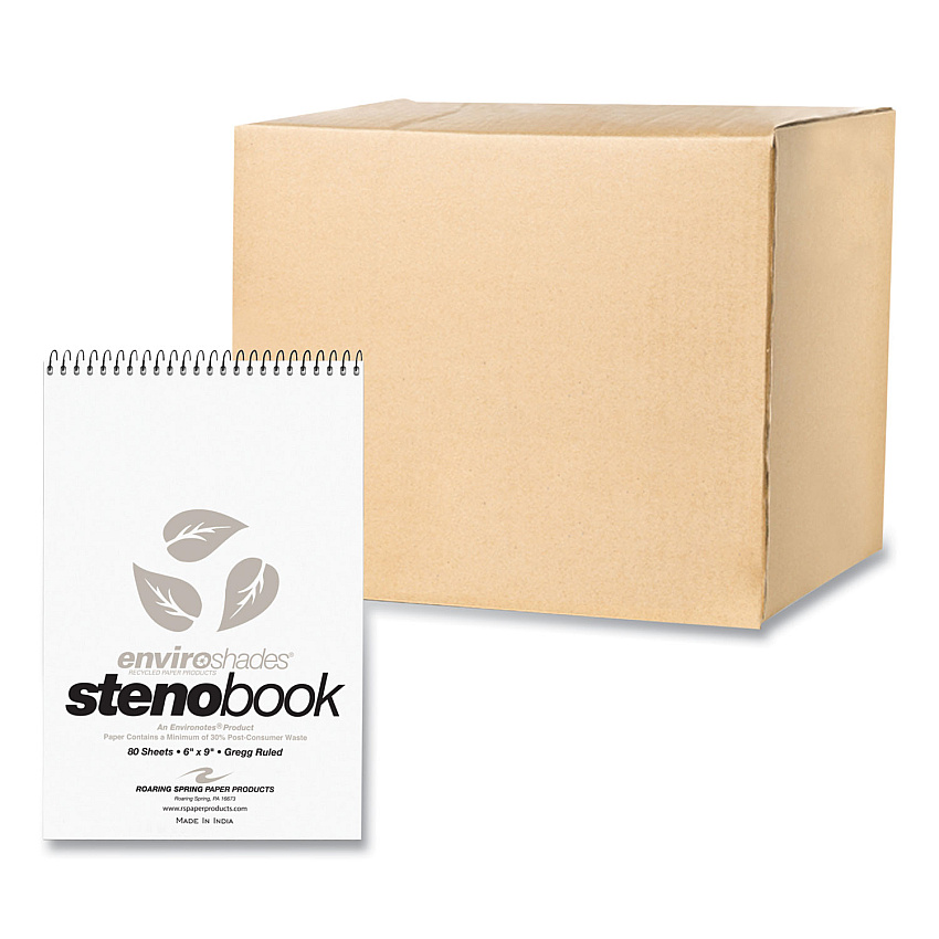 Roaring Spring EnviroShades Steno Pad, Gregg Rule, White Cover, 80 Gray 6 x 9 Sheets, 24 Pads/Carton (ROA12274CS)