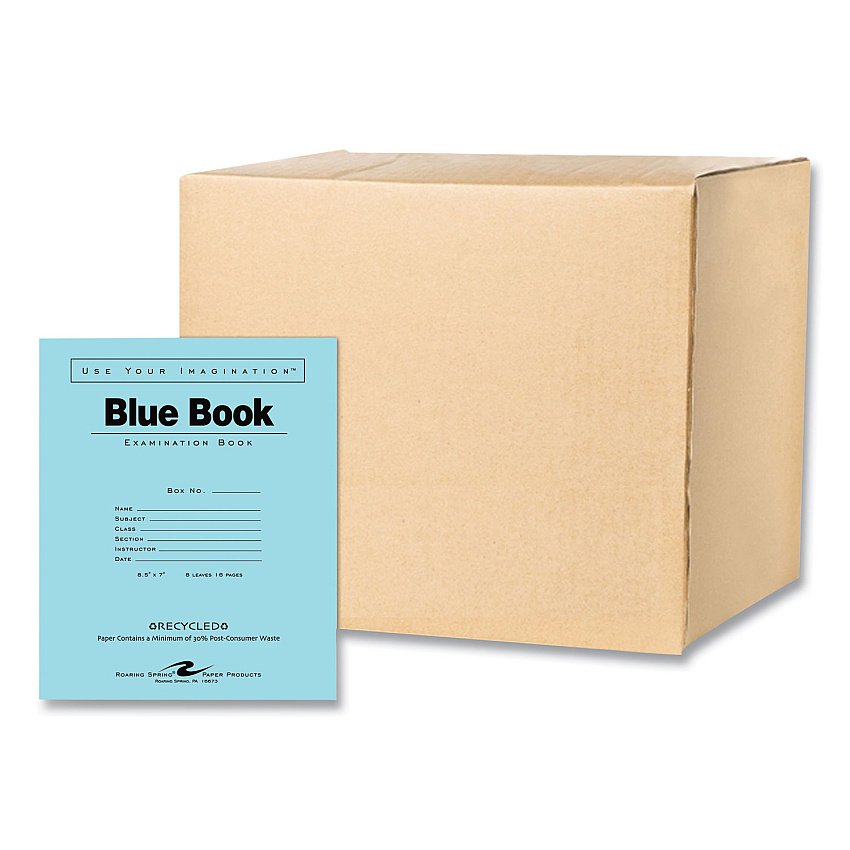 Roaring Spring Recycled Exam Book, Wide/Legal Rule, Blue Cover, (8) 8.5 x 7 Sheets, 600/Carton (ROA77608CS)