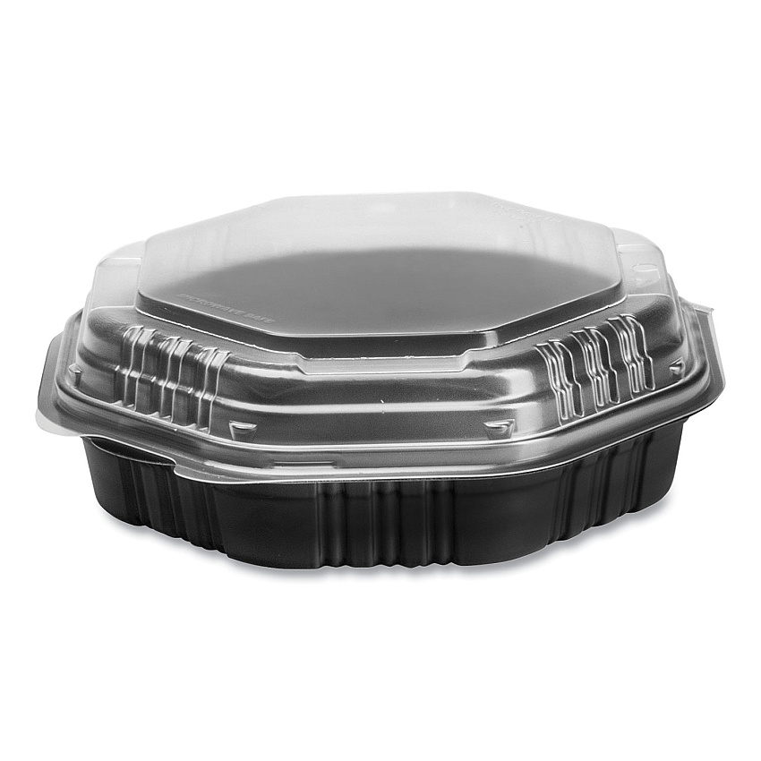 Solo OctaView Hinged-Lid Hot Food Containers, 31 oz, 9.55 x 9.1 x 3, Black/Clear, Plastic, 100/Carton (SCC809011PP94)