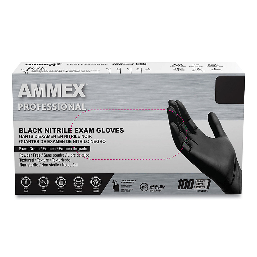 AMMEX Professional Nitrile Exam Gloves, Powder-Free, 3 mil, Large, Black, 100/Box, 10 Boxes/Carton (AXCABNPF46100CT)