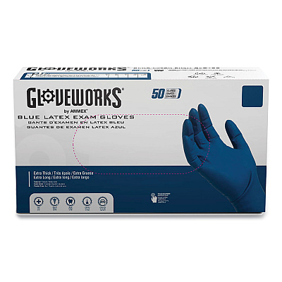 GloveWorks by AMMEX Latex Exam Gloves, Powder-Free, X-Large, Blue, 50 Gloves/Box, 10 Boxes/Carton (AXCGPLHD88100)