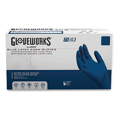 GloveWorks by AMMEX Blue Latex Exam Gloves, Powder-Free, Large, 50 Gloves/Box, 10 Boxes/Carton (AXCGPLHD86100)