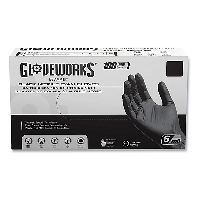GloveWorks by AMMEX Nitrile Exam Gloves, Powder-Free, 6 mil, Large, Black, 100 Gloves/Box, 10 Boxes/Carton (AXCGWBEN46100CT)