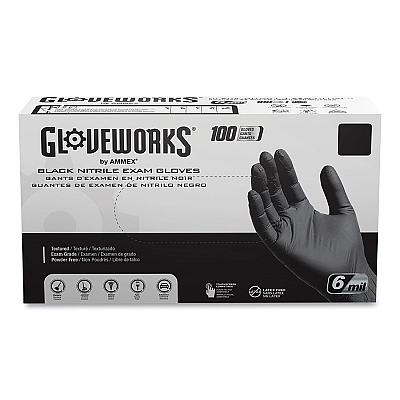 GloveWorks by AMMEX Nitrile Exam Gloves, Powder-Free, 6 mil, XX-Large, Black, 100 Gloves/Box, 10 Boxes/Carton (AXCGWBEN49100)