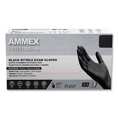 AMMEX Professional Nitrile Exam Gloves, Powder-Free, 3 mil, Small, Black, 100/Box, 10 Boxes/Carton (AXCABNPF42100)