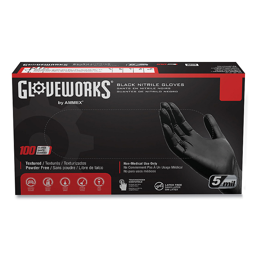 GloveWorks by AMMEX Industrial Nitrile Gloves, Powder-Free, 5 mil, X-Large, Black, 100 Gloves/Box, 10 Boxes/Carton (AXCGPNB48100)
