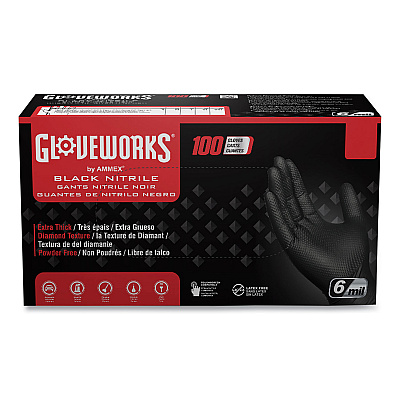 GloveWorks by AMMEX Heavy-Duty Industrial Nitrile Gloves, Powder-Free, 6 mil, X-Large, Black, 100 Gloves/Box, 10 Boxes/Carton (AXCGWBN48100)