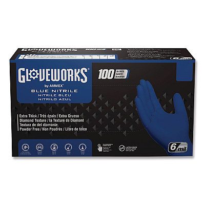 GloveWorks by AMMEX Heavy-Duty Industrial Nitrile Gloves, Powder-Free, X-Large, 6 mil Thick, 9.5" Long, Royal Blue, 100/Box, 10 Boxes/Carton (GWRBN48100)