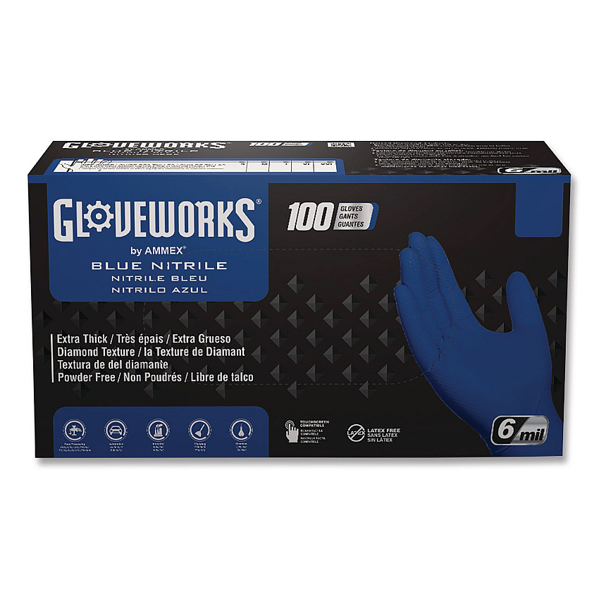 GloveWorks by AMMEX Heavy-Duty Industrial Nitrile Gloves, Powder-Free, X-Large, 6 mil Thick, 9.5" Long, Royal Blue, 100/Box, 10 Boxes/Carton (GWRBN48100)