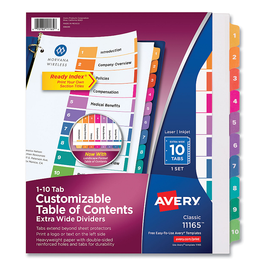 Avery Customizable TOC Ready Index Multicolor Tab Dividers, Extra Wide Tabs, 10-Tab, 1 to 10, 11 x 9.25, White, 1 Set (AVE11165)