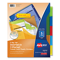 Avery Insertable Big Tab Plastic Three-Pocket Corner Lock Dividers, 5-Tab, 11.13 x 9.25, Assorted, 1 Set (AVE11273)