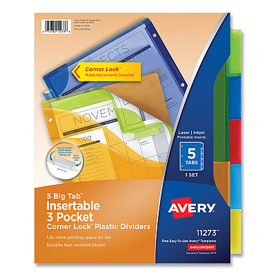 Avery Insertable Big Tab Plastic Three-Pocket Corner Lock Dividers, 5-Tab, 11.13 x 9.25, Assorted, 1 Set (AVE11273)