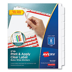 Avery Print and Apply Index Maker Clear Label Dividers, Extra Wide Tab, 8-Tab, 11.25 x 9.25, White, 1 Set (AVE11439)