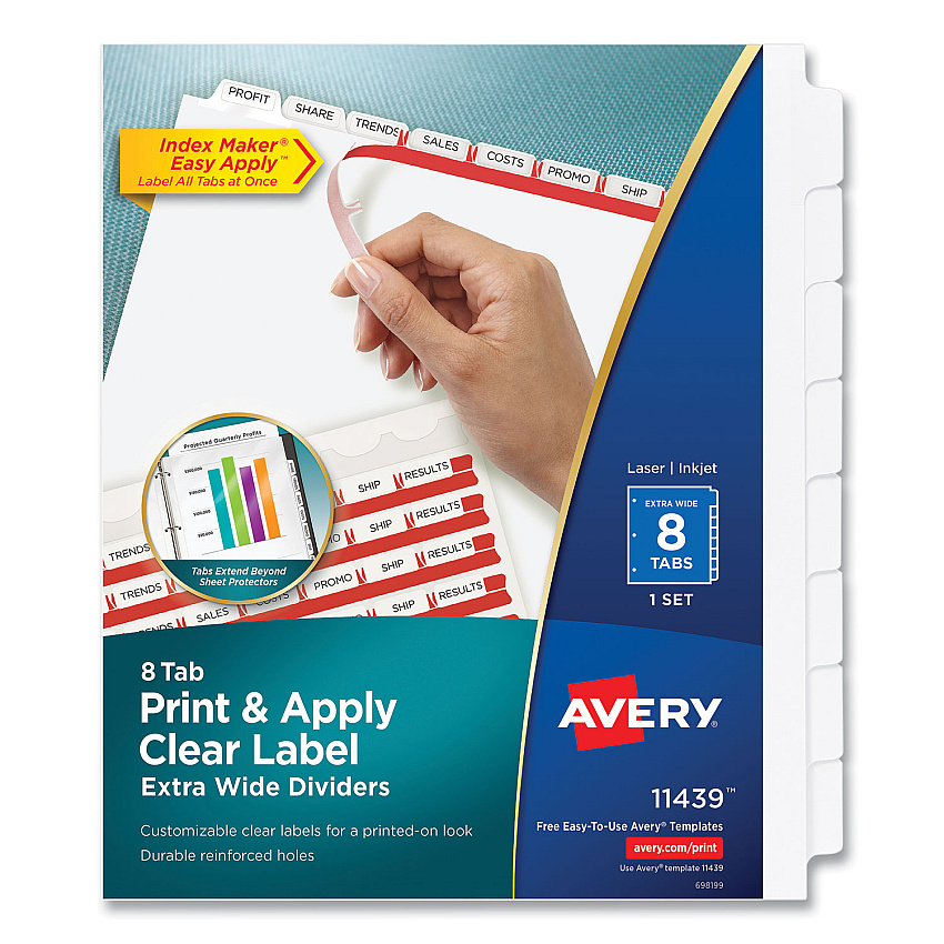 Avery Print and Apply Index Maker Clear Label Dividers, Extra Wide Tab, 8-Tab, 11.25 x 9.25, White, 1 Set (AVE11439)