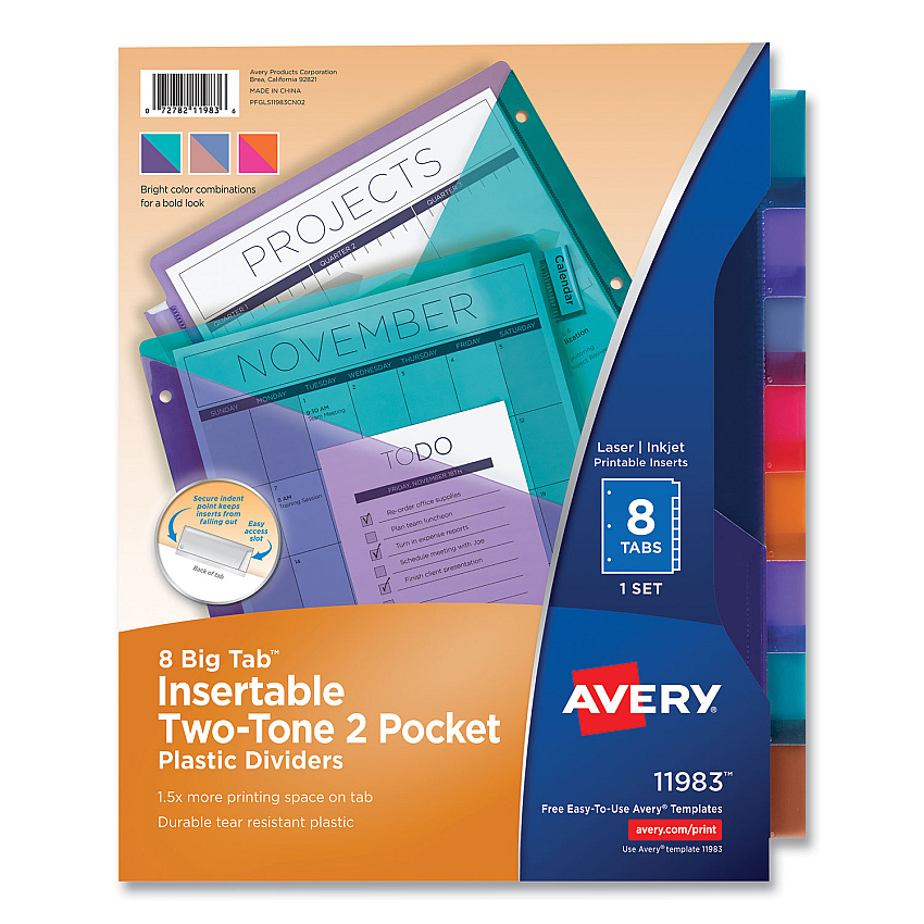 Avery Big Tab Insertable Two-Pocket Plastic Dividers, 8-Tab, 11.13 x 9.25, Assorted, 1 Set (AVE11983)