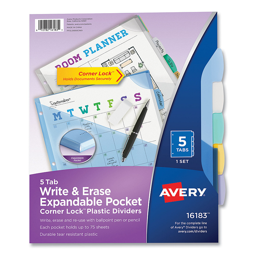 Avery Write and Erase Big Tab Durable Plastic Dividers, Expandable Pocket, 3-Hole Punched, 5-Tab, 11 x 8.5, Assorted, 1 Set (AVE16183)