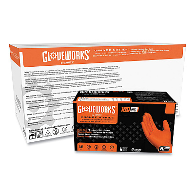 GloveWorks by AMMEX Heavy-Duty Industrial Nitrile Gloves, Powder-Free, 8 mil, Medium, Orange, 100 Gloves/Box, 10 Boxes/Carton (AXCGWON44100CT)