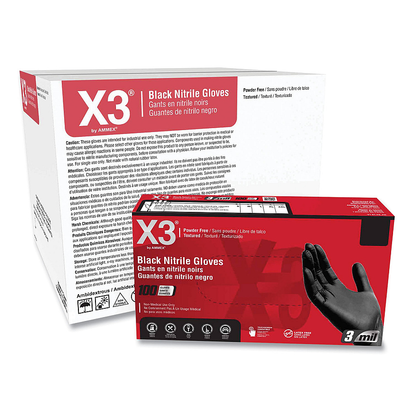 X3 by AMMEX Industrial Nitrile Gloves, Powder-Free, 3 mil, X-Large, Black, 100/Box, 10 Boxes/Carton (AXCBX348100)
