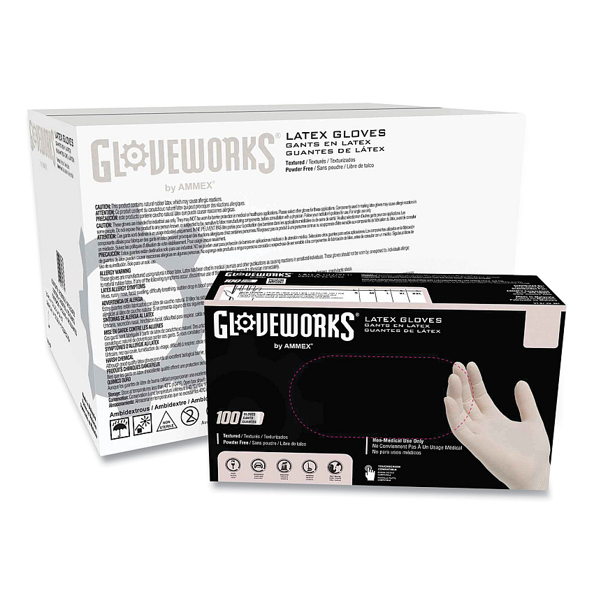 GloveWorks by AMMEX Latex Disposable Gloves, Powder-Free, 4 mil, Small, Ivory, 100 Gloves/Box, 10 Boxes/Carton (AXCTLF42100)