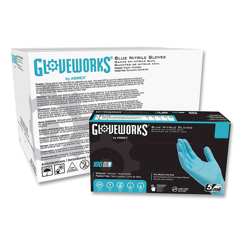 GloveWorks by AMMEX Industrial Nitrile Gloves, Powder-Free, 5 mil, Blue, X-Large, 100 Gloves/Box, 10 Boxes/Carton (AXCINPF48100)