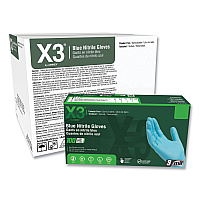 X3 by AMMEX Industrial Nitrile Gloves, Powder-Free, 3 mil, X-Large, Blue, 100/Box, 10 Boxes/Carton (AXCX348100)