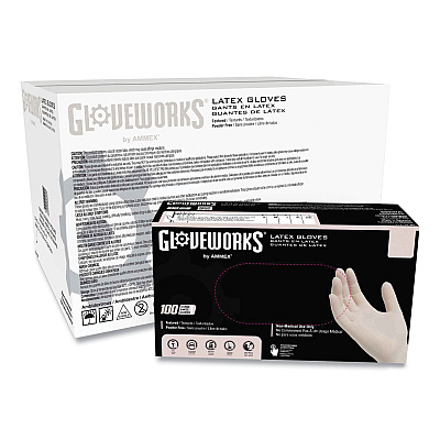 GloveWorks by AMMEX Latex Disposable Gloves, Powder-Free, 4 mil, X-Large, Ivory, 100 Gloves/Box, 10 Boxes/Carton (AXCTLF48100)