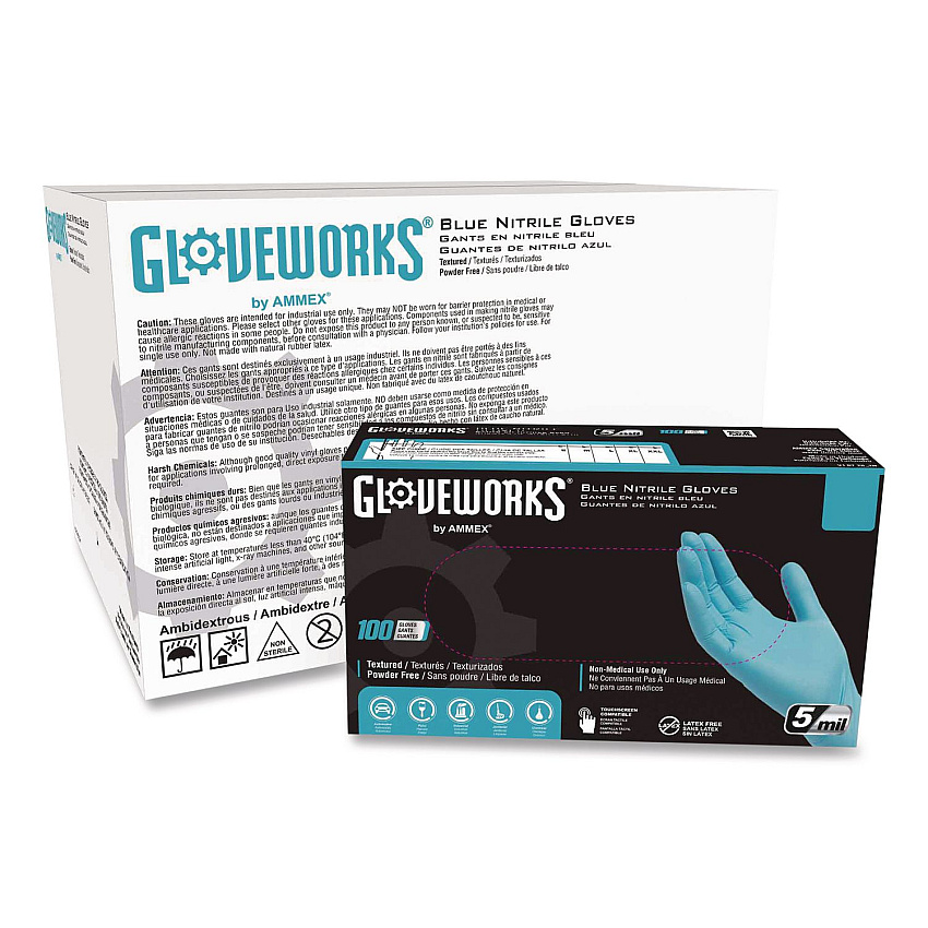 GloveWorks by AMMEX Industrial Nitrile Gloves, Powder-Free, XX-Large, 5 mil Thick, 9.5" Long, Blue, 100/Box, 10 Boxes/Carton (INPF49100)