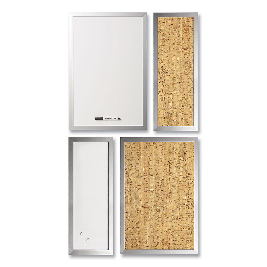 MasterVision Positive Flow Metallic Silver Message Board Sets, (2) Bulletin, (2) Magnetic Dry Erase, Assorted Sizes, Silver Frames (BVCSOR035)