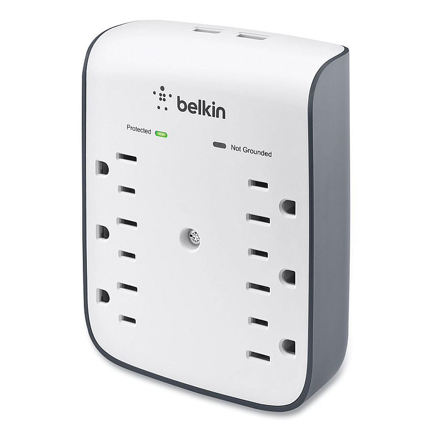 Belkin SurgePlus USB Wall Mount Charger, 6 AC Outlets/2 USB Ports, 900 J, White/Black (BLKBSV602TT)