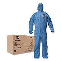 KleenGuard A20 Breathable Particle Protection Coveralls, Zip Front, Hood, Elastic Back, Wrists, Ankles, 4X-Large, Blue, 20/Carton (KCC58517)