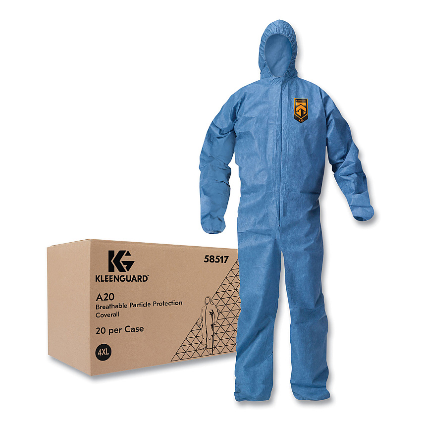KleenGuard A20 Breathable Particle Protection Coveralls, Zip Front, Hood, Elastic Back, Wrists, Ankles, 4X-Large, Blue, 20/Carton (KCC58517)