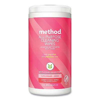 Method All Purpose Cleaning Wipes, 1 Ply, Pink Grapefruit, White, 70/Canister, 6/Carton (MTH338527)