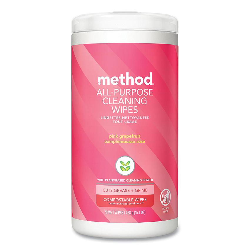 Method All Purpose Cleaning Wipes, 1 Ply, Pink Grapefruit, White, 70/Canister, 6/Carton (MTH338527)