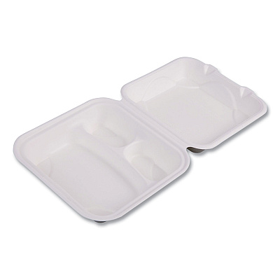 Eco-Products Vanguard Renewable And Compostable Sugarcane Clamshells, 3-Compartment, 8 X 8 X 3, White, 200/carton (ECOEPHC83NFA)
