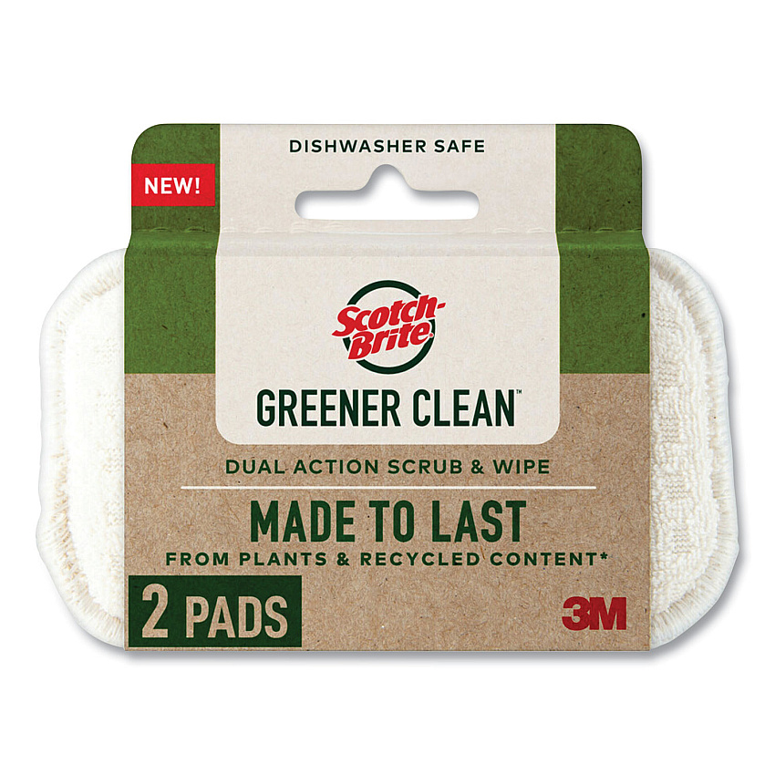 Scotch-Brite Greener Clean Dual Action Scrub and Wipe, 2.8 x 4.7, 0.7" Thick, White, 2/Pack (MMM927732SW)