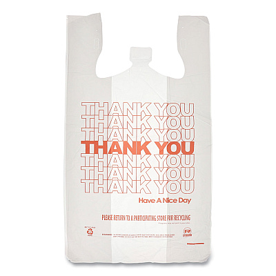 AmerCareRoyal Thank You Bags, Thank You - Have a Nice Day Labeling, Cut-Out Handles, 13" x 23" x 23", White/Red, 1,000/Carton (RPPRPTYB6FS)