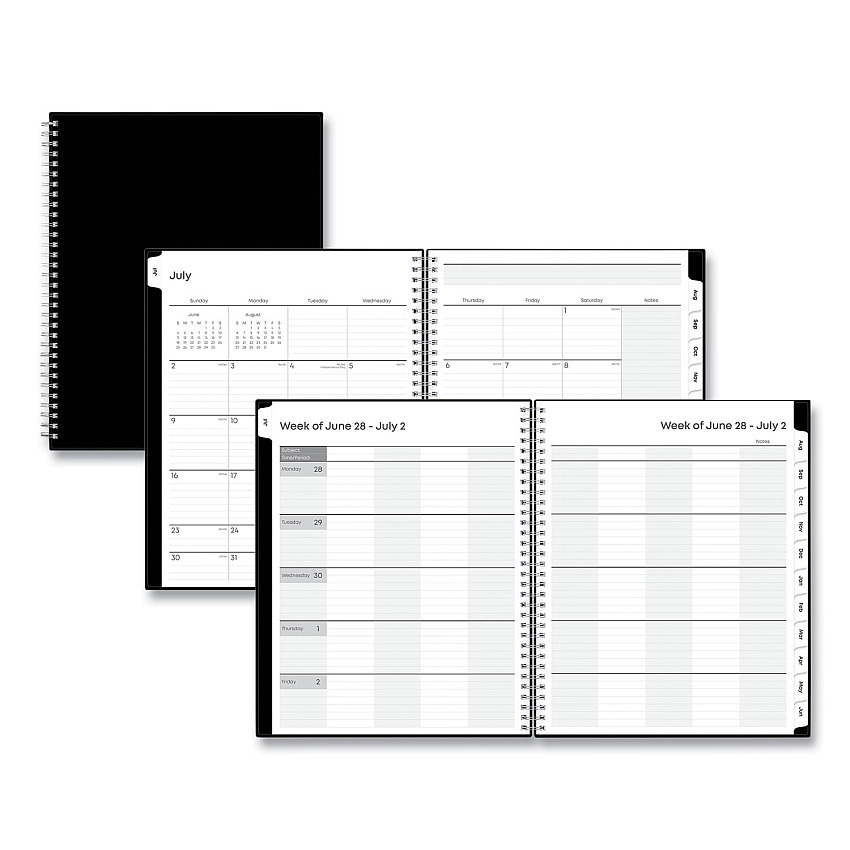 Blue Sky Teacher's Solid Black Weekly/Monthly Lesson Planner, 9 Classes, 11 x 8.5 Sheets, 12-Month (July to June), 2025 to 2026 (134433)