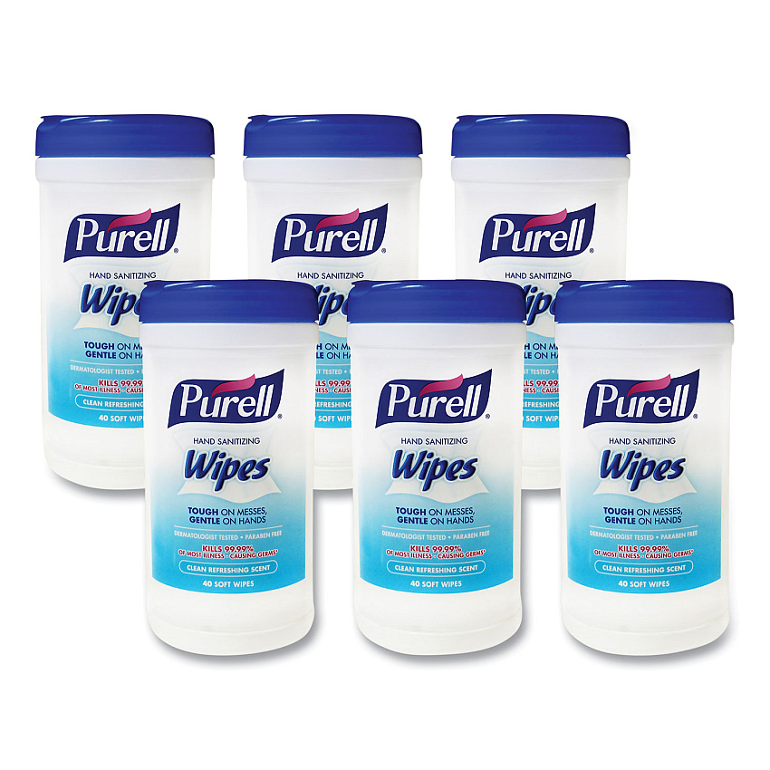PURELL Hand Sanitizing Wipes, 7 x 6, Clean Scent, White, 40/Canister, 6/Carton (GOJ912006CMR01)