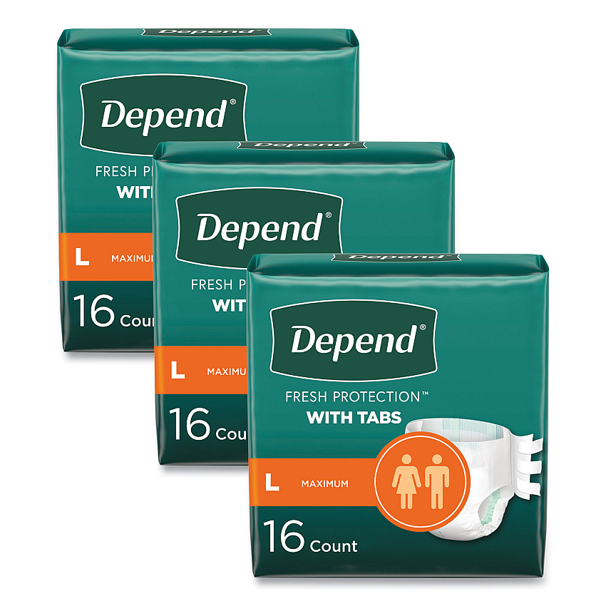 Depend Incontinence Protection with Tabs, 35" to 49" Waist, 16/Pack, 3 Packs/Carton (KCC35458)
