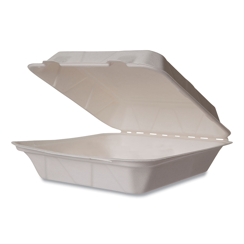 Vegware White Molded Fiber Clamshell Containers, Compostable, 9 x 9 x 3, White, Sugarcane, 200/Carton (VEGWHBRG9HW)
