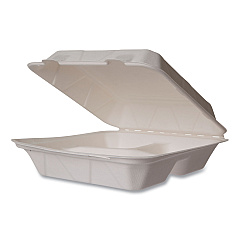 Vegware Nourish Molded Fiber Takeout Containers, Compostable, 3-Compartment, 5 x 9 x 2, White, Sugarcane, 200/Carton (VEGWH93HW)
