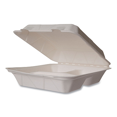 Vegware Nourish Molded Fiber Takeout Containers, Compostable, 3-Compartment, 5 x 9 x 2, White, Sugarcane, 200/Carton (VEGWH93HW)
