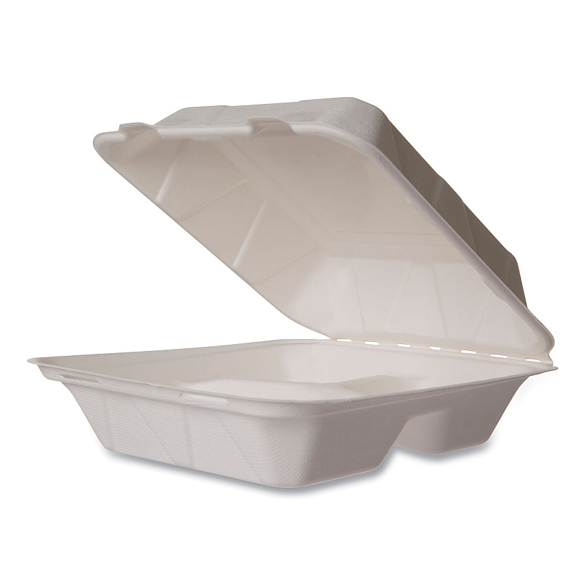 Vegware Nourish Molded Fiber Takeout Containers, Compostable, 3-Compartment, 7.9 x 7.9 x 2.9, White, Sugarcane, 200/Carton (VEGWH83HW)