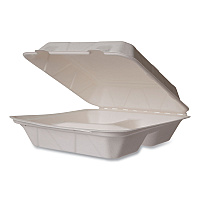 Vegware White Molded Fiber Clamshell Containers, Compostable, 3-Compartment, 9 x 18 x 2, White, Sugarcane, 200/Carton (VEGWHBRG93HW)